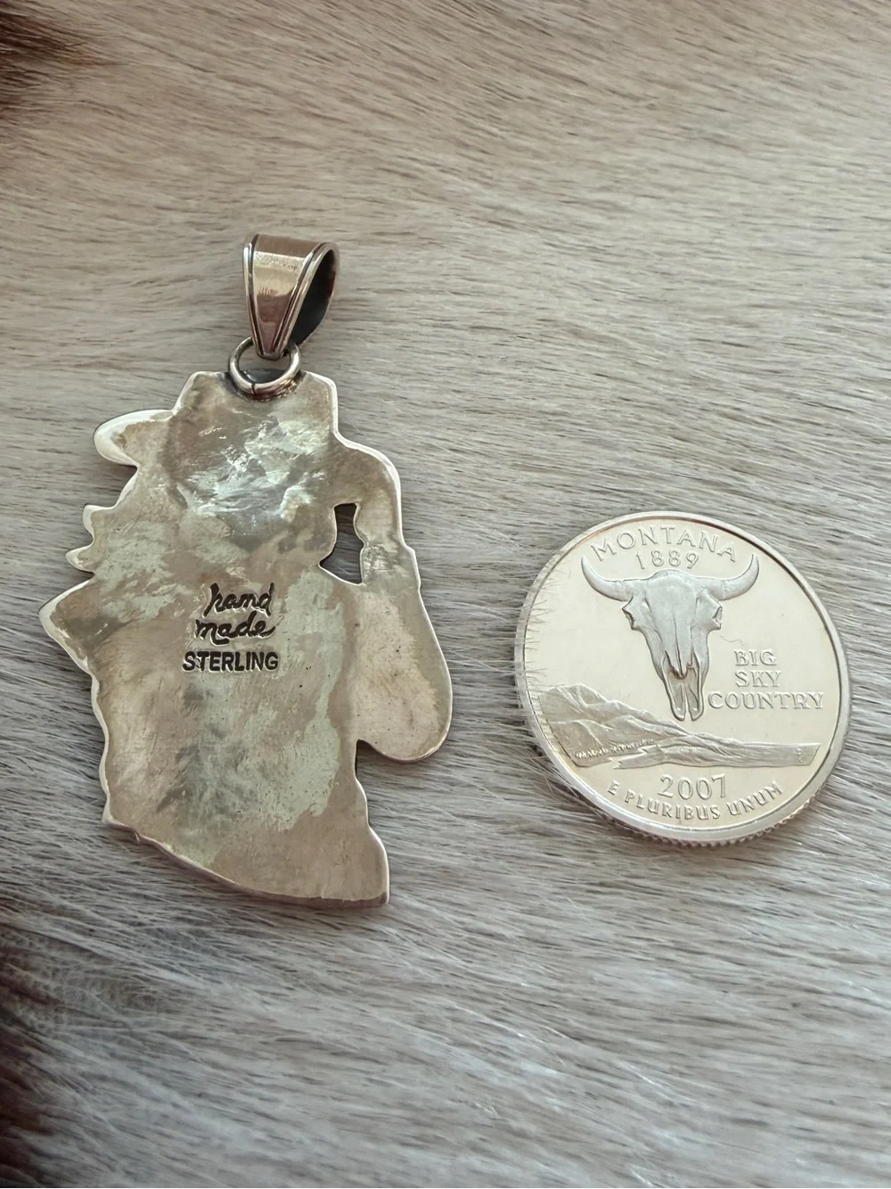❤️ Hand Stamped Sterling 925 Cowgirl Pendant w Turquoise Accent Decorative Bail